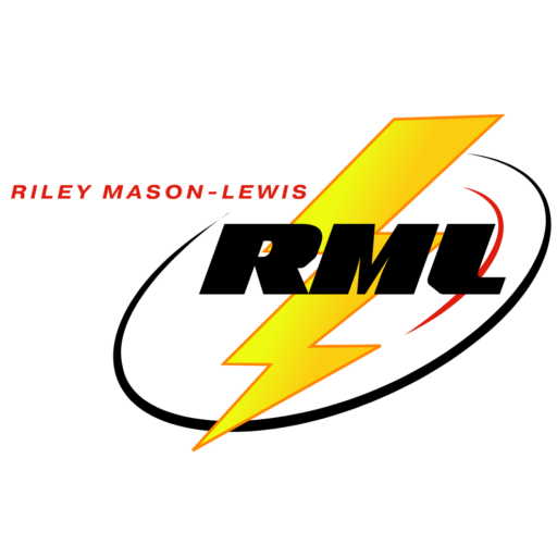 Riley's Logo, which has a lightning bolt background with a ring around it. His initials RML in the foreground and his name in the top left.